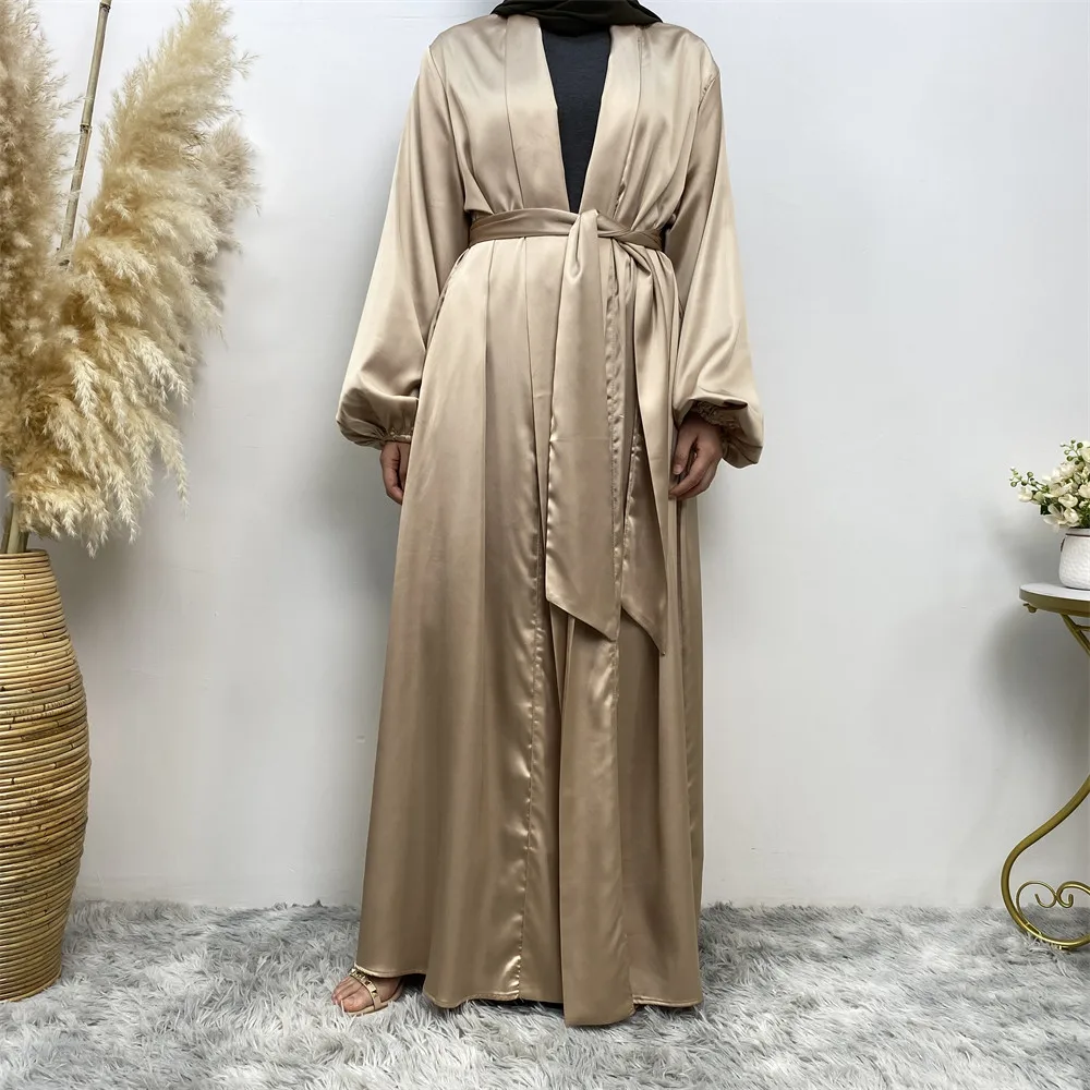 1917# New High Quality Satin Islamic Women Solid Color Fashion Clothing Front Open Abaya Long Kaftan Muslim Dress Dubai