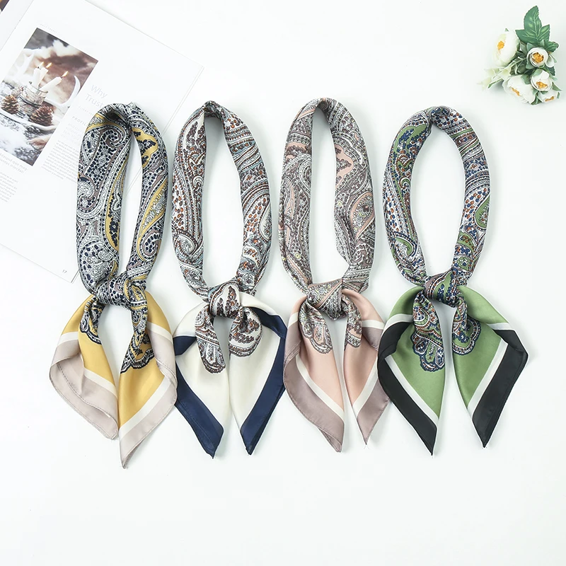 Fashion 70*70cm Muslim Hairband Handkerchief Square Printed Hijab Bandana Cashew Satin Silk Scarf For Woman