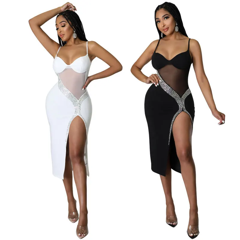 Summer Women Sexy Party Club Patchwork Sleeveless Hollow Out See Through Mesh Short Bodycon Mini Dress