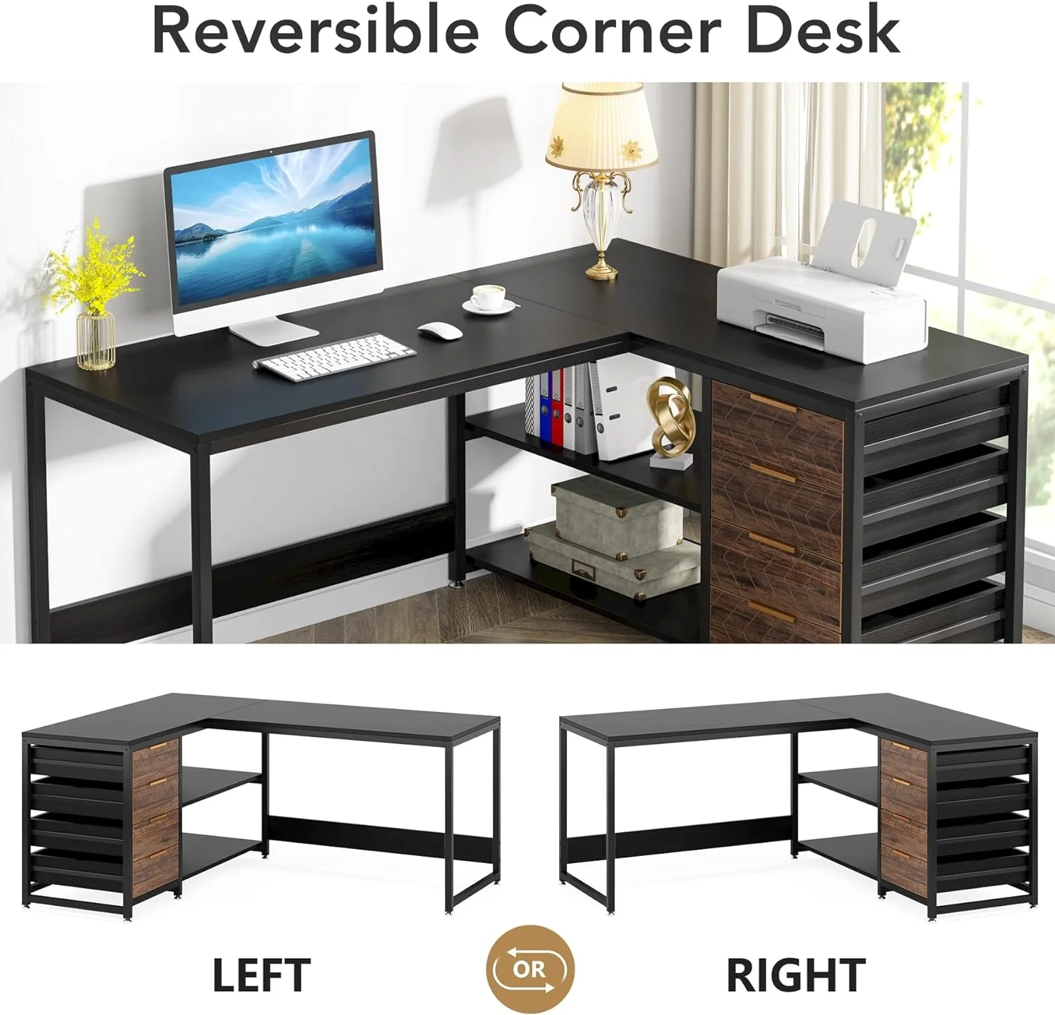 Tribesigns L Shaped Computer Desk with Storage Drawers, 59 Inch Corner Desk with Shelves