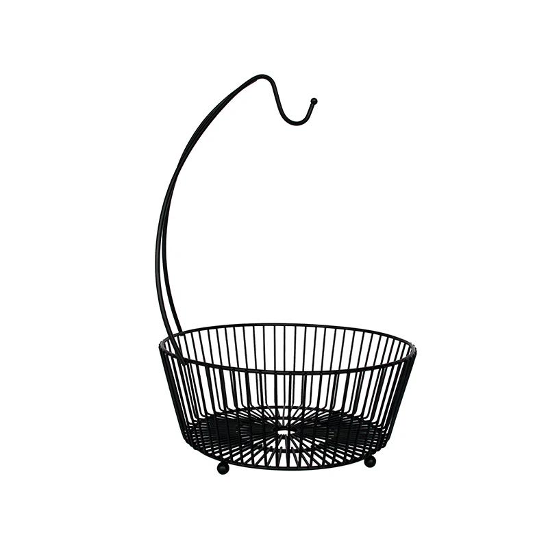 Farmhouse Style Kitchen Counter Black Metal Wire Fruit Basket with Banana or Grape Hanging Hook