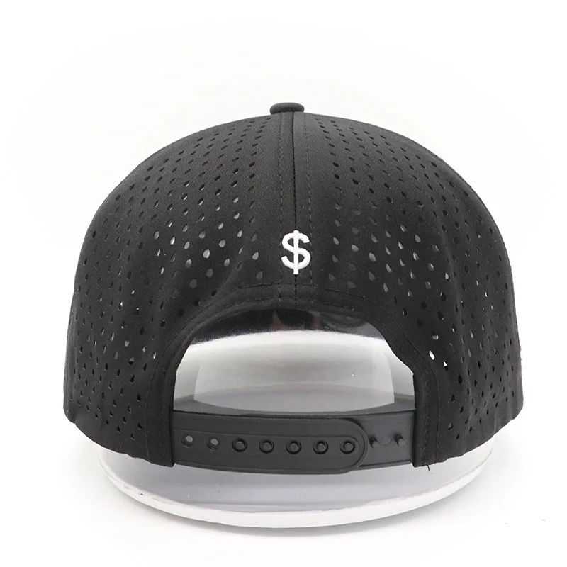 Custom 7 Panel Flat Bill Laser Cut Performance Waterproof black Baseball Cap High Quality Unisex  Hat & rubber logo