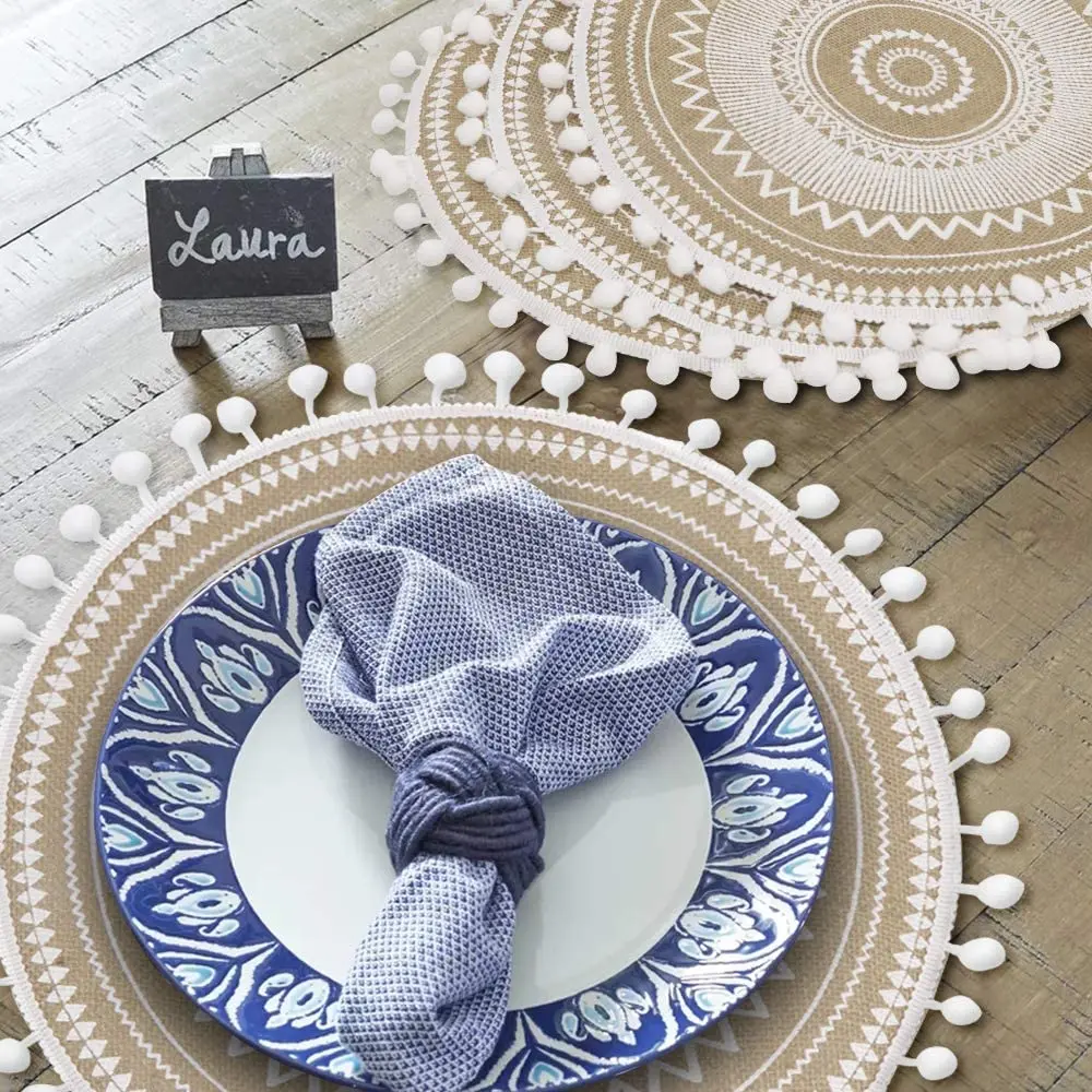 2022 Tabletex Printing  Jute Placemats with Pompom Table Mat Round Place Mat Set