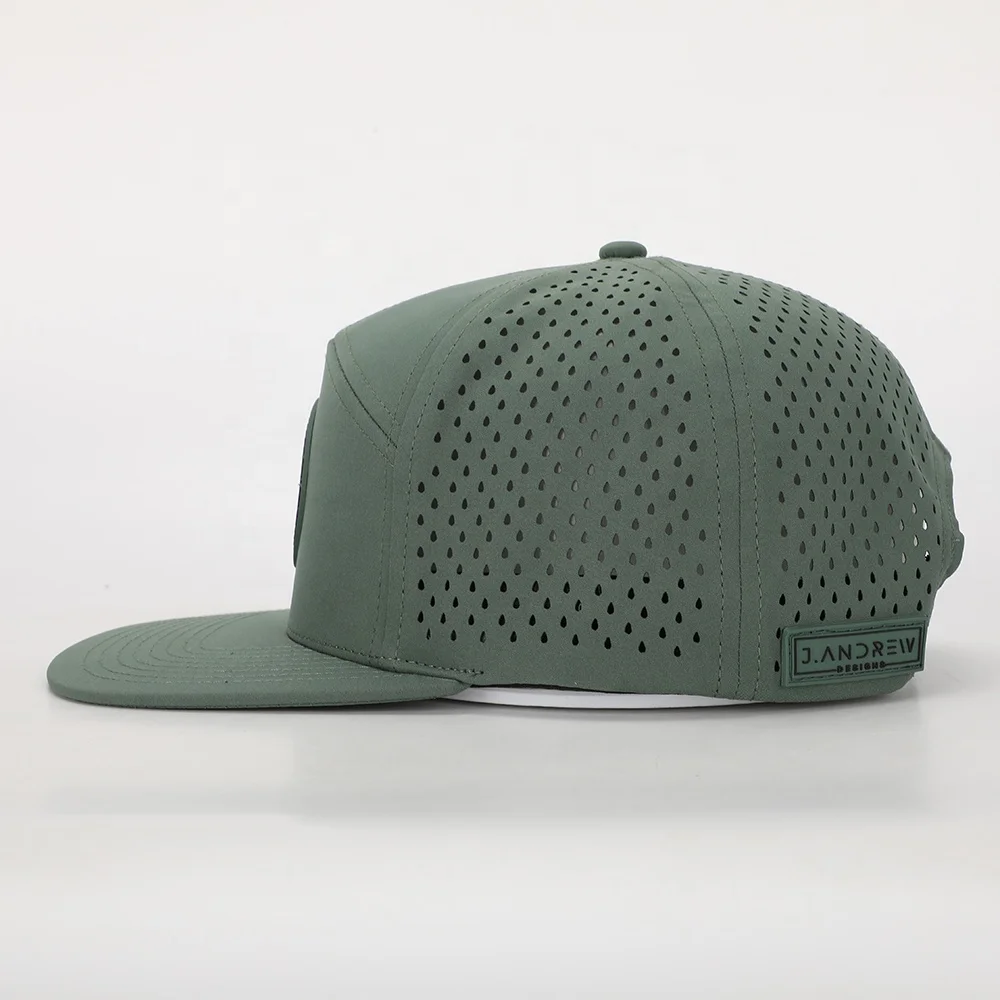 BSCI Oem Custom Design High Quality Flat Brim 7 Panel Sport Hat Rubber Patch Logo Polyester Gorras Laser Cut Hole Snapback Cap