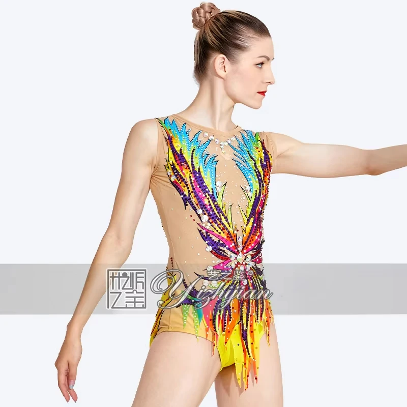 YIZHIJIAN Yellow artistic gymnastics performance bodysuit summer competition spandex elastic fabric custom made