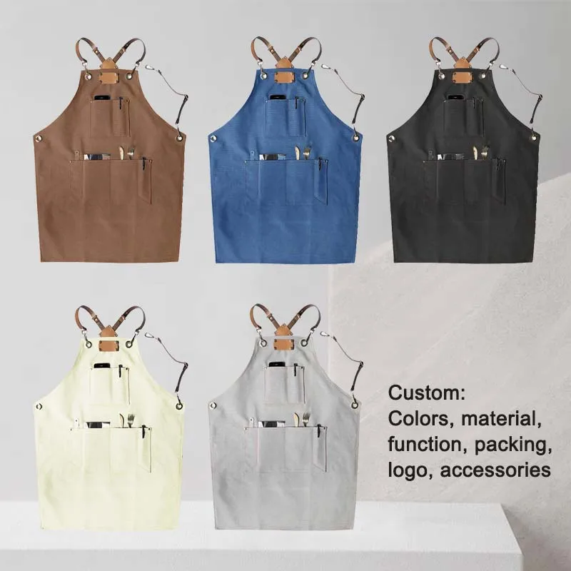 Gray canvas aprons for hair cut adjustable coffee apron with leather straps