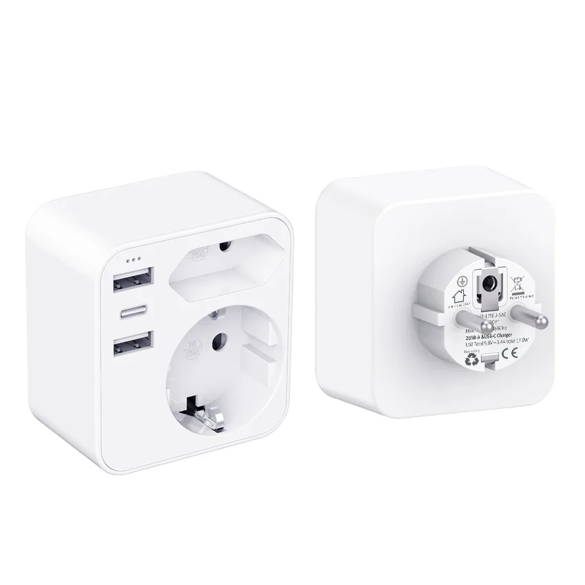 2023 Newest Hot Selling 250V 16A Fuse EU to EU Plug 7 IN ONE German to German USB Travel Adapter With Type-C  5V/3.4A