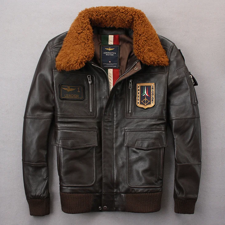 OEM Custom Fur Collar Winter Thick Sheep Skin Real Leather Jacket Men Brown Black Pilot Genuine Leather Jacket For Men