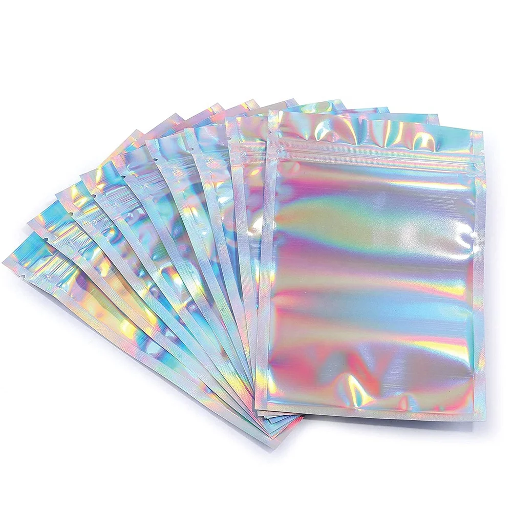 Customize Clear Front Stand Up Laser Plastic Packaging Holographic Bag,Transparent Snack Food Ziplock Mylar Three Side Seal Bags
