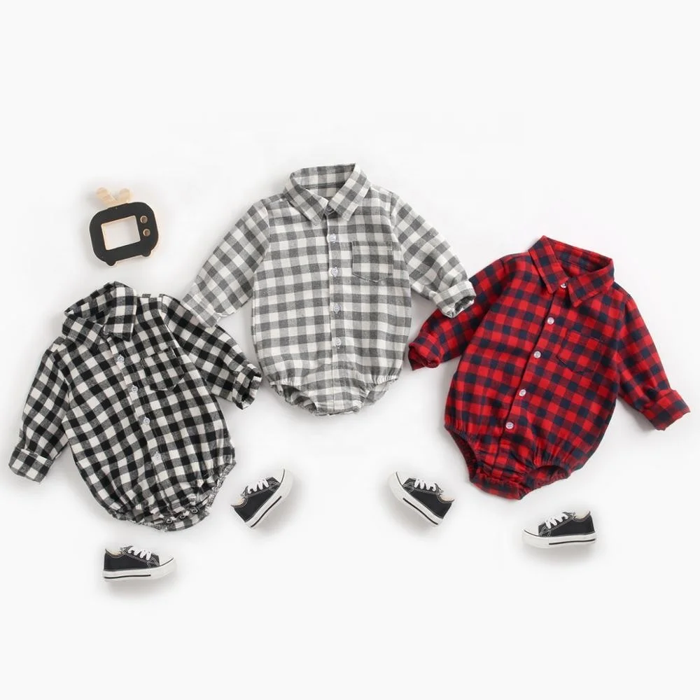 Autumn Spring Polo Collar Long Sleeves Baby Rompers Plaid One-Piece Bodysuit for Infant Boys 0-3 Months Clothes