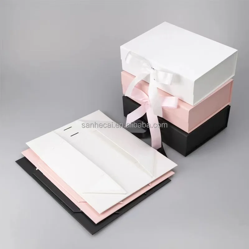 Custom environmentally friendly cardboard packaging magnetic buckle black cosmetics shoebox foldable ribbon gift box