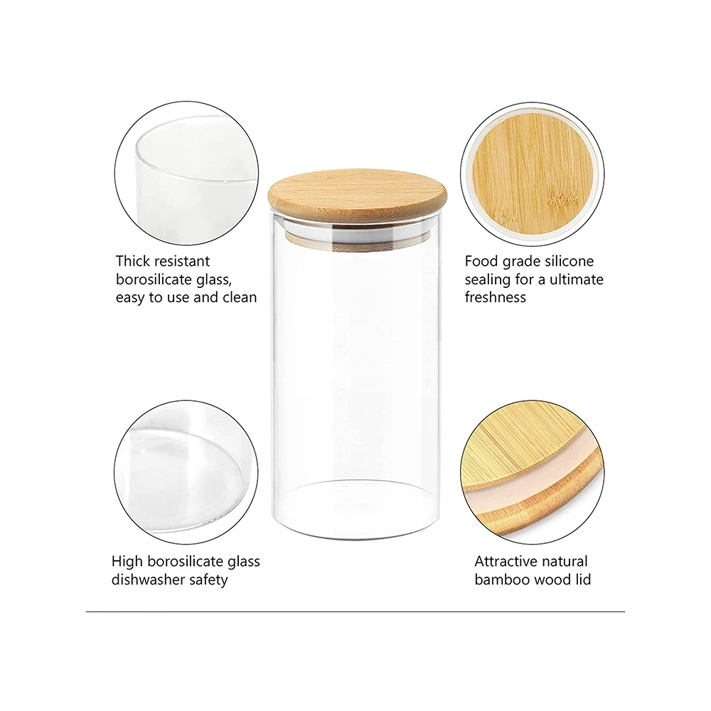 1550 ML Large Size Cylinder Shape Airtight Storage Jar with Natural Bamboo Lid  + Silicone Ring Glass Container Jar