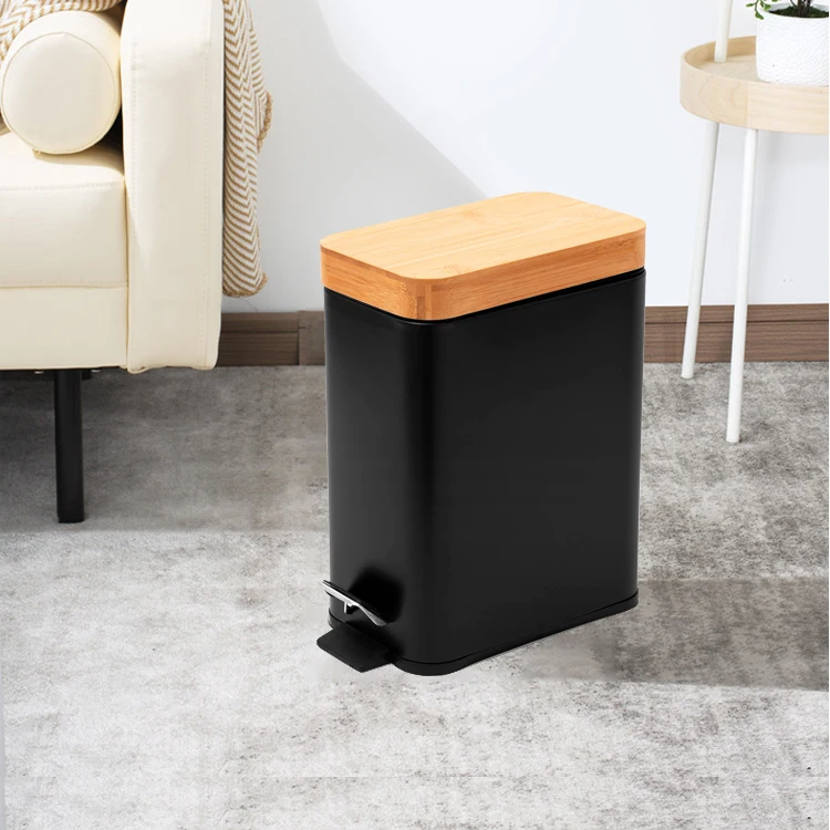 Bamboo Trash Can with Lid Soft Close 5 Liter 1.3 Gallon Slim Foot Pedal Waste bin Narrow Garbage Bin