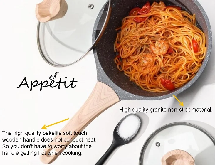 New Fashion Non-stick Cooking Die Cast Aluminium Pot with Wooden Handles Japanese Hot Saucepan Granite Cookware Milk Pot Set