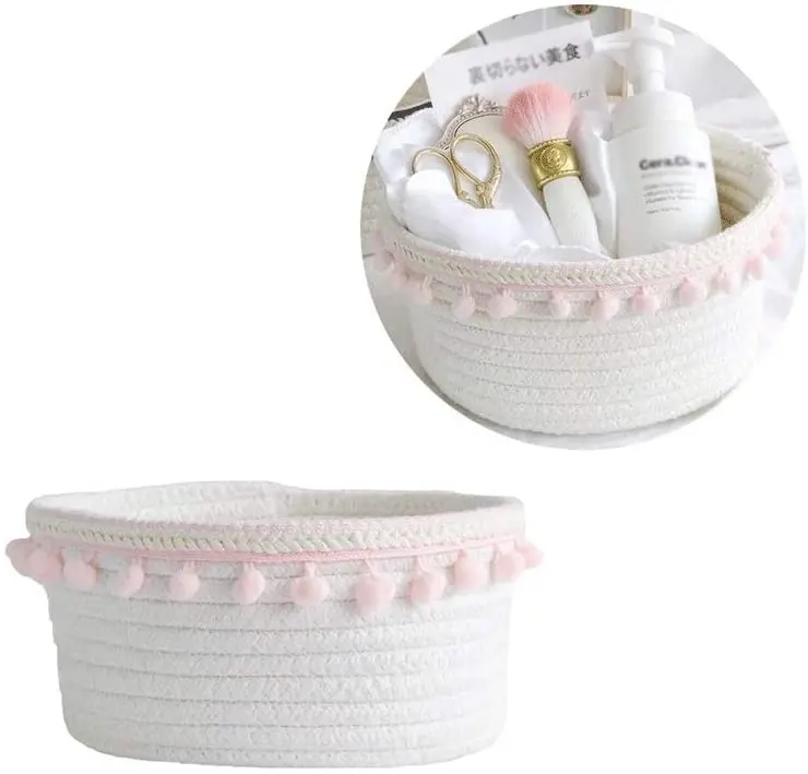 White Rope Woven Storage Basket Cotton Storage Box Small Cotton Rope Basket Organizer for Baby Cosmetics Stationery