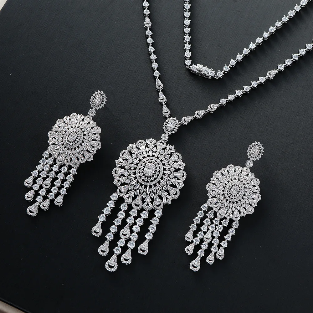 Necklace Long Tassel Pendant Mirco Paved Zirconia Necklace Earring Jewelry Set For Middle East Market