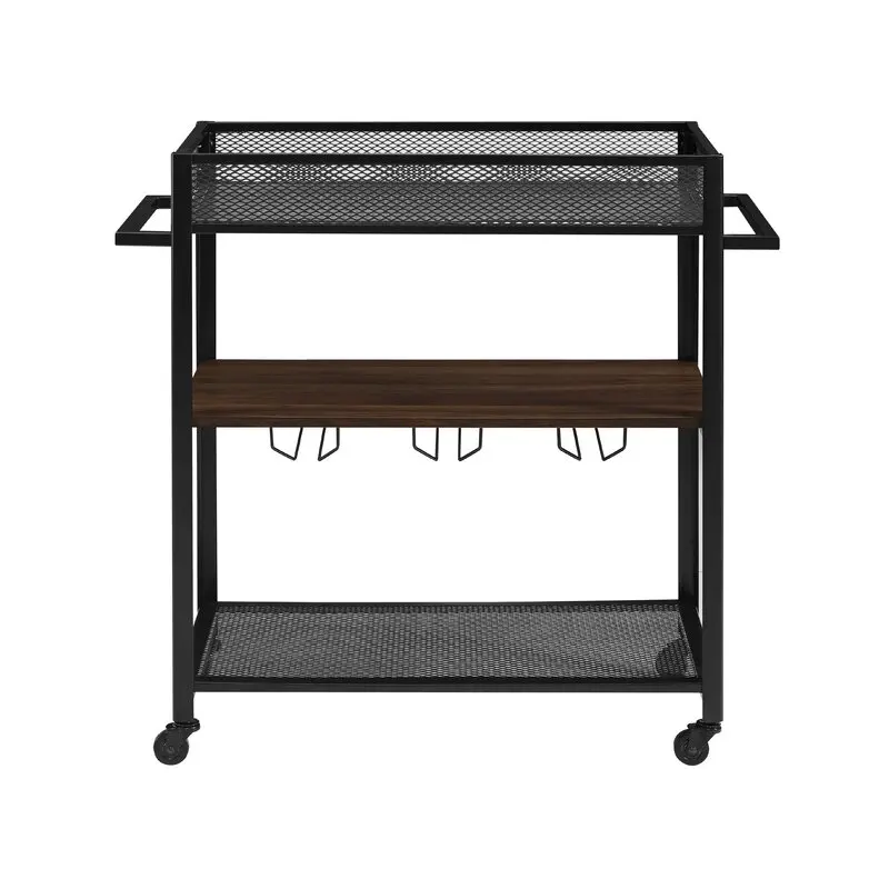 Bar Cart with Storage, Mobile Kitchen Serving Cart with Wine Rack and Glass Holder, Removable Wood Tray, Industrial Wine Cart on