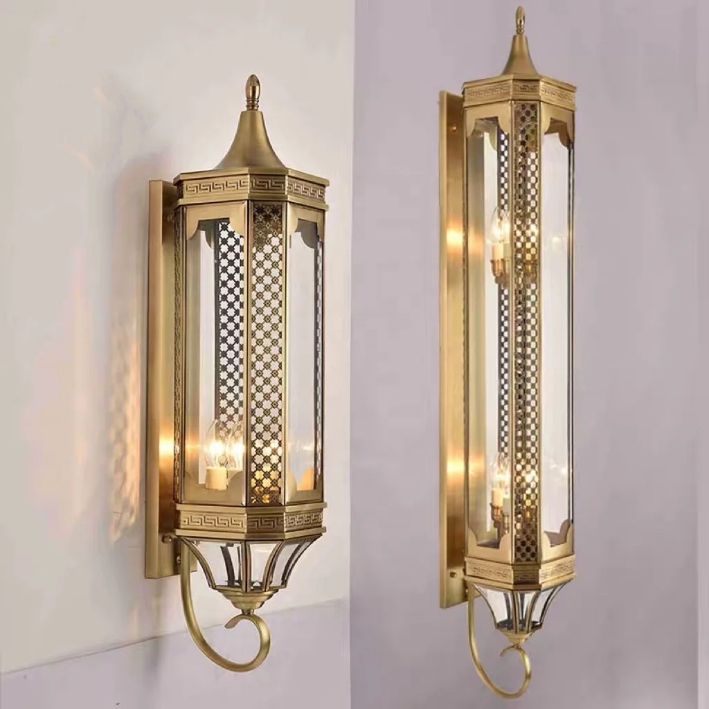 Luxury retro all copper outdoor LED wall light E14 * 3 villa courtyard garden door 2 side wall lights