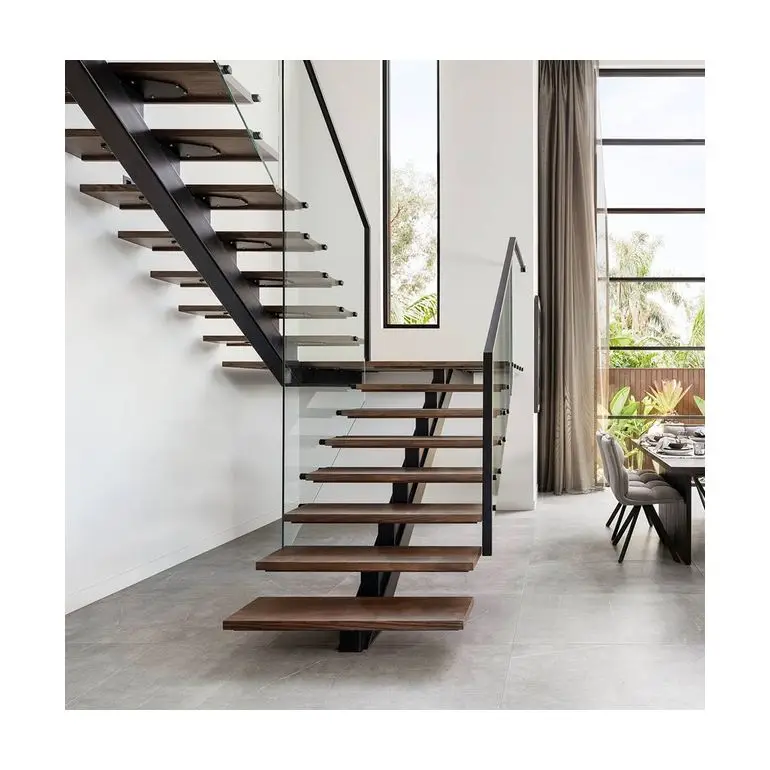 Indoor single stringer solid wooden tread stairs design u-type stairs with glass railings