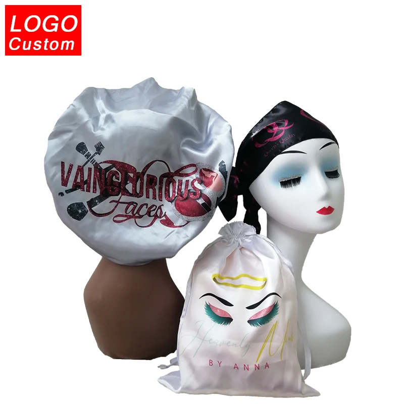 
Custom Double Layer Adjustable Satin Luxury Bling Bonnets with Tie Band for Women Braid Long Head Hair 