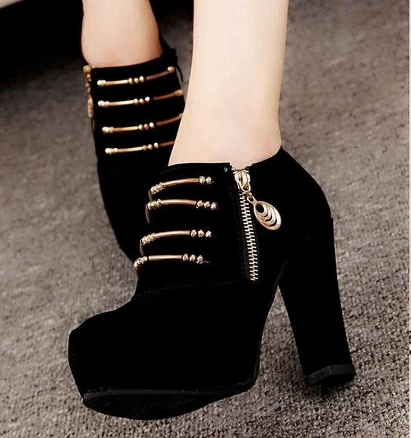Factory Wholesale Thick Heel Pumps Metallic Chain Decor Platform Side Zipper Shoes Women Dress Shoes Sexy High Heel Shoes