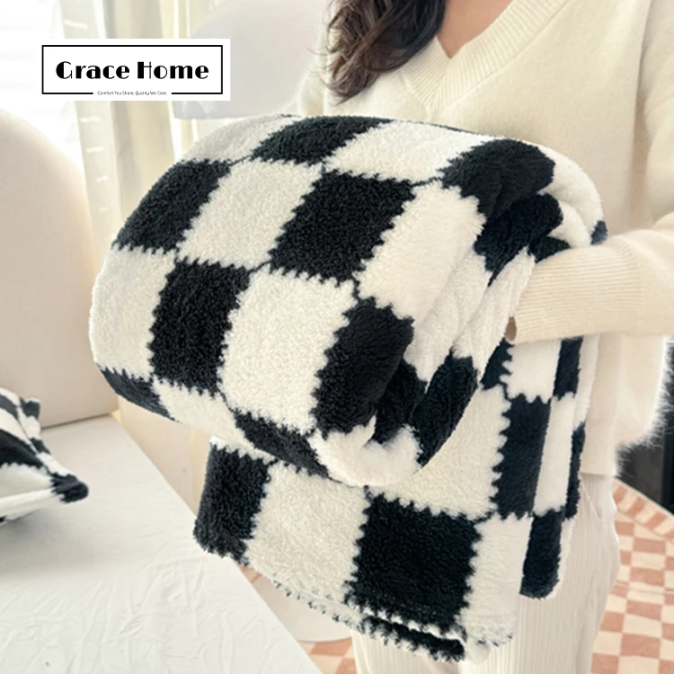 Grace Home Competitive Manufacturer Classic Plaid Printing Double Sides Coral Flannel Fleece Blanket For Winter Air Conditioner