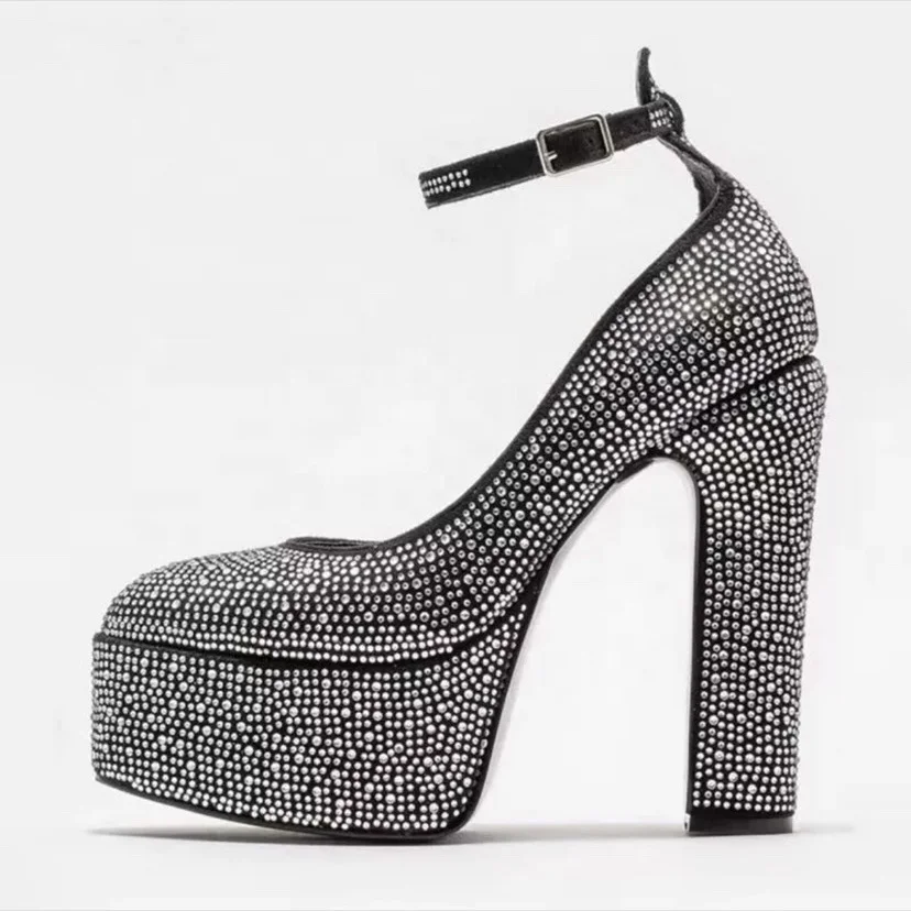 Custom Designer Shoes Patent PU Sexy Ladies Ankle Pumps High Block Heels Women Platform Shoes for Party Ankle Strap Rubber Hjj
