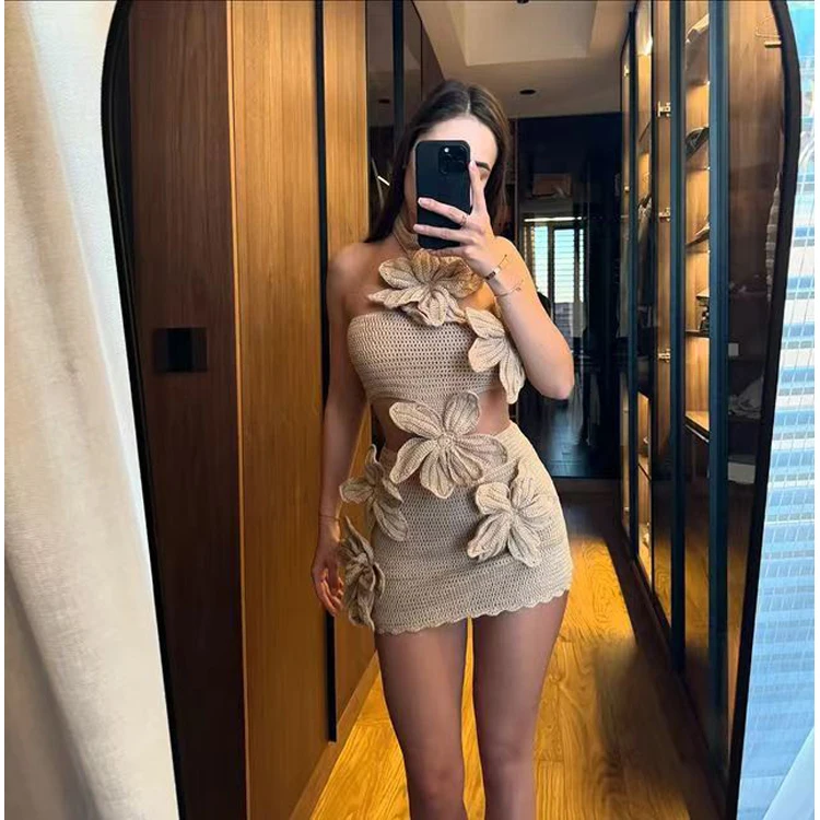2024 New design fashion halter women dress 3D flower hollow holiday beach dress sexy backless knitting dress