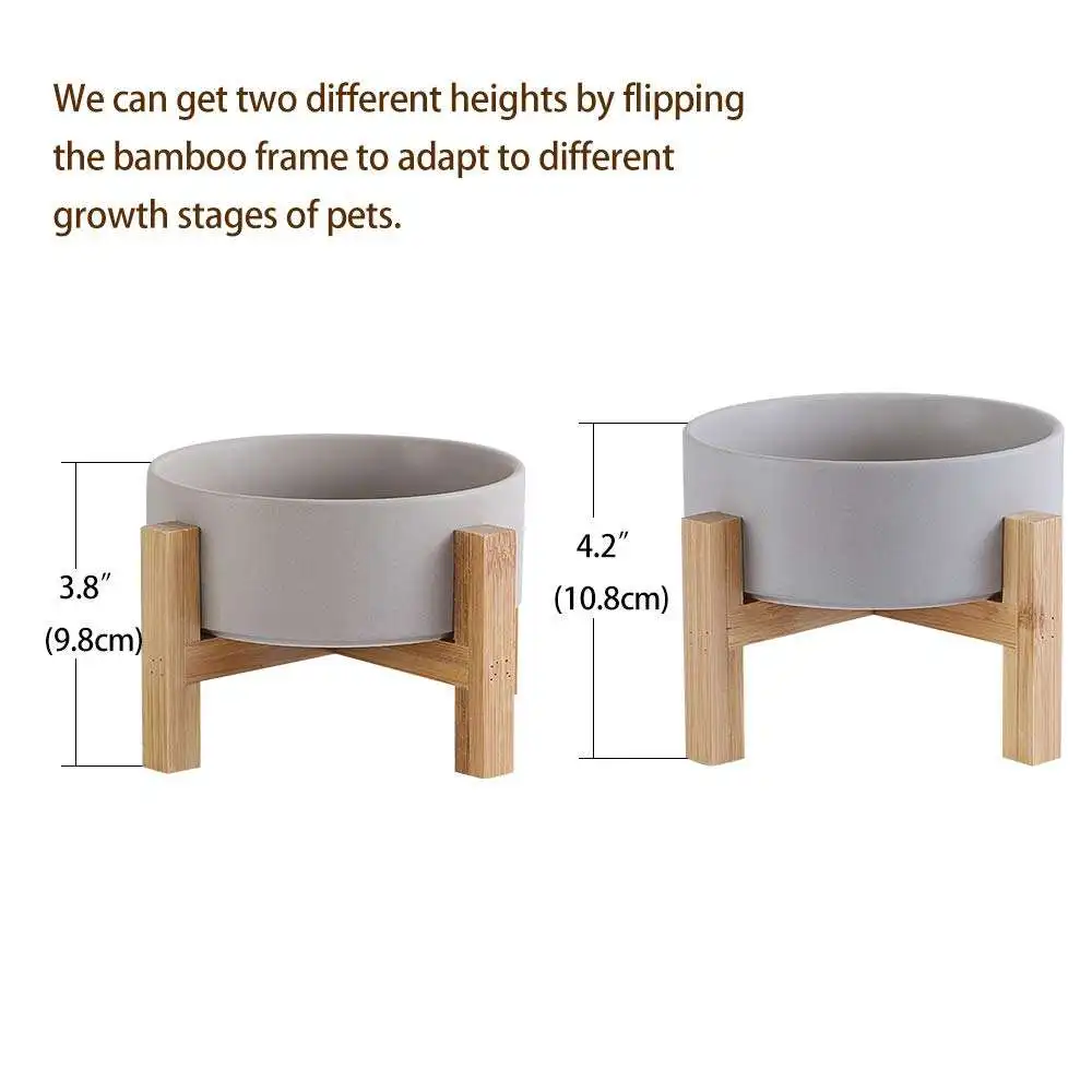 White Ceramic Elevated Raised Cat Bowl Cat Food Dish with Bamboo Stand Bowls Anti Vomiting Pet Bowl