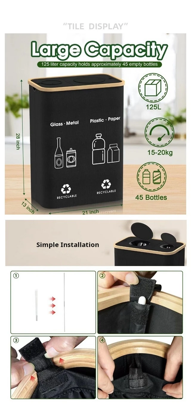 Custom Design Foldable Double-layer Rectangular Storage Recyclable Bamboo Oxford Cloth Bottle Recycling Storage Basket