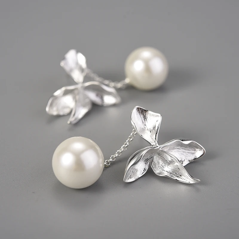 Lotus Fun Real 925 Sterling Silver Handmade Fine Jewelry Creative Four-leaf flower drop earring for Women