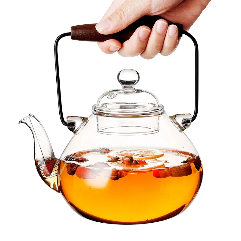 950ml long handle minimalist heat resistant high borosilicate glass tea pot glass tea set with infuser