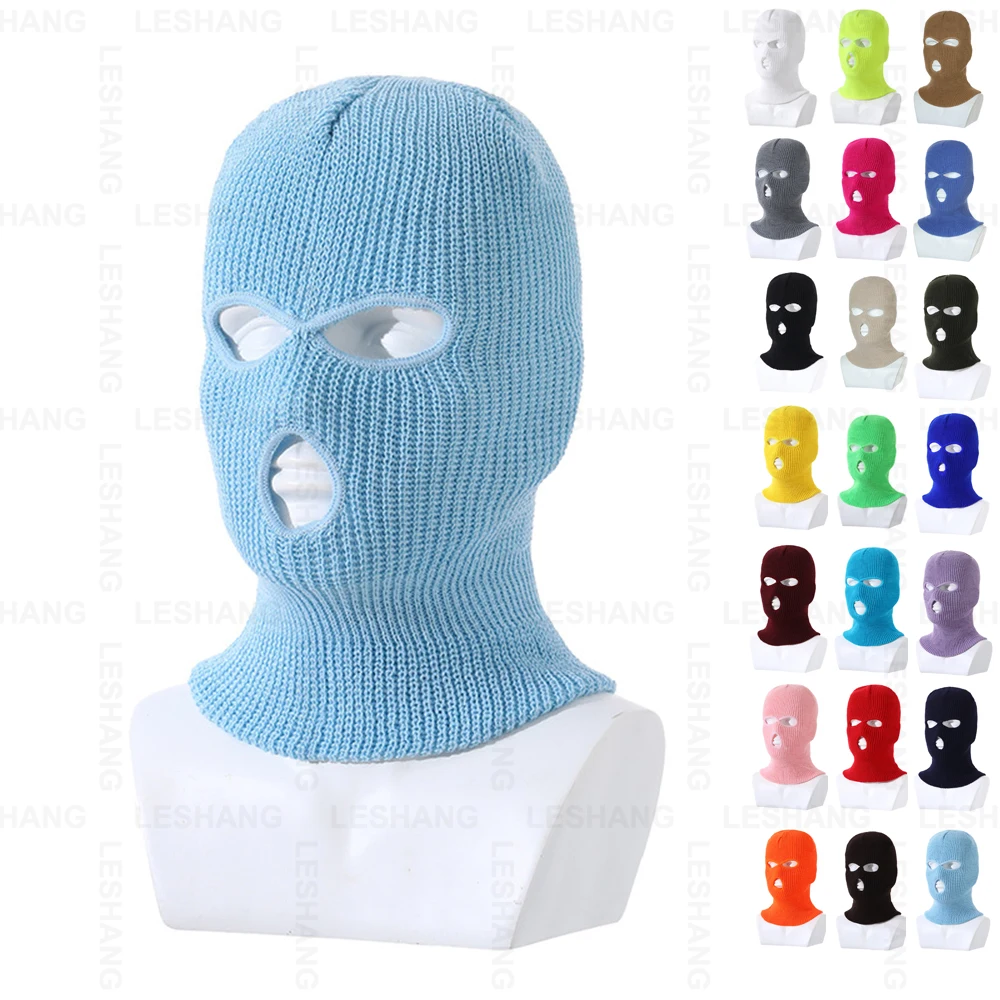 Fashion 3D Embroidery Acrylic Warm Knitted Winter Knit Beanie Hats Custom Logo Full Face Cover Ski Mask Three 3 Holes Balaclava