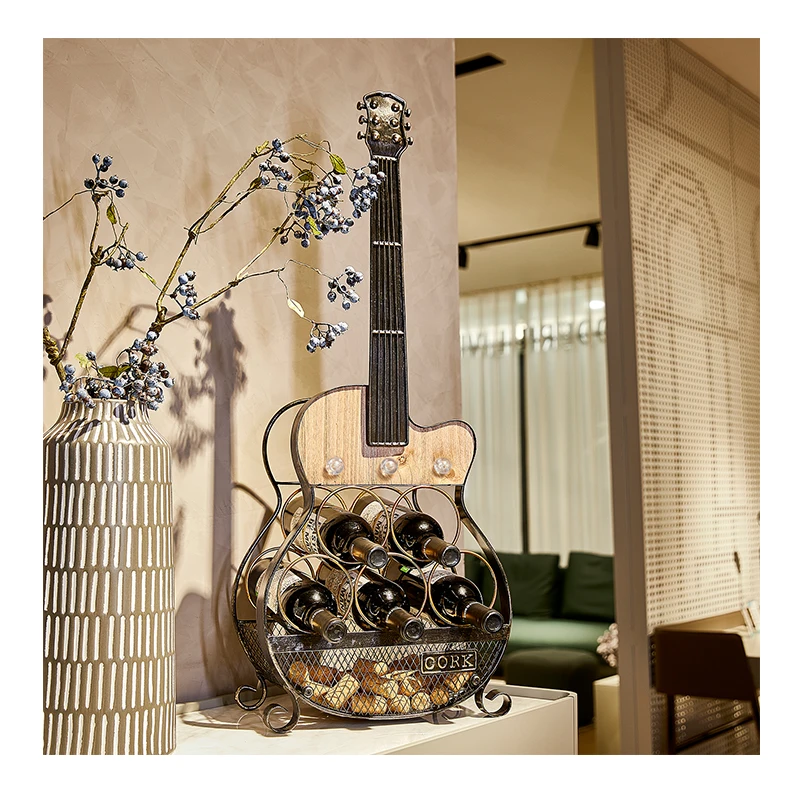 wholesale Metal/Wood  LED Guitar Free standing 5 Bottles Wine bottle Holder For Home Kitchen Countertop