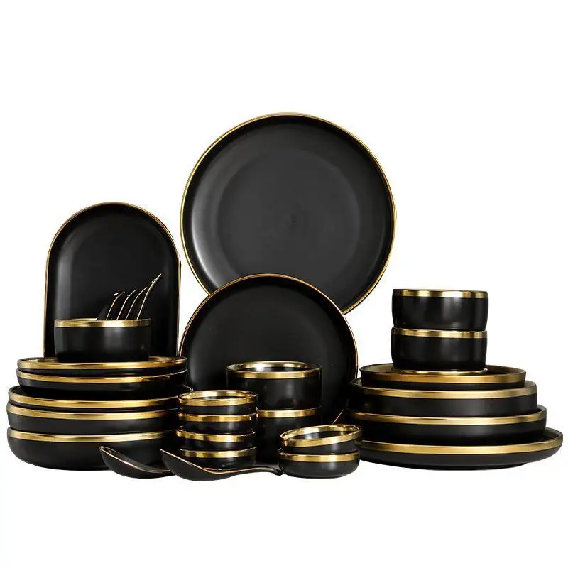Steak Plate Tableware Ceramics Dinner Set Gold Pottery Porcelain Best Fine Nordic Luxury Living Dining Room Black for 6 Users
