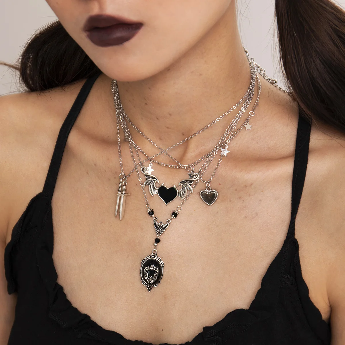 High Quality Summer Vintage Dark Punk Love Wings Pendant Halloween Necklace Jewelry For Women