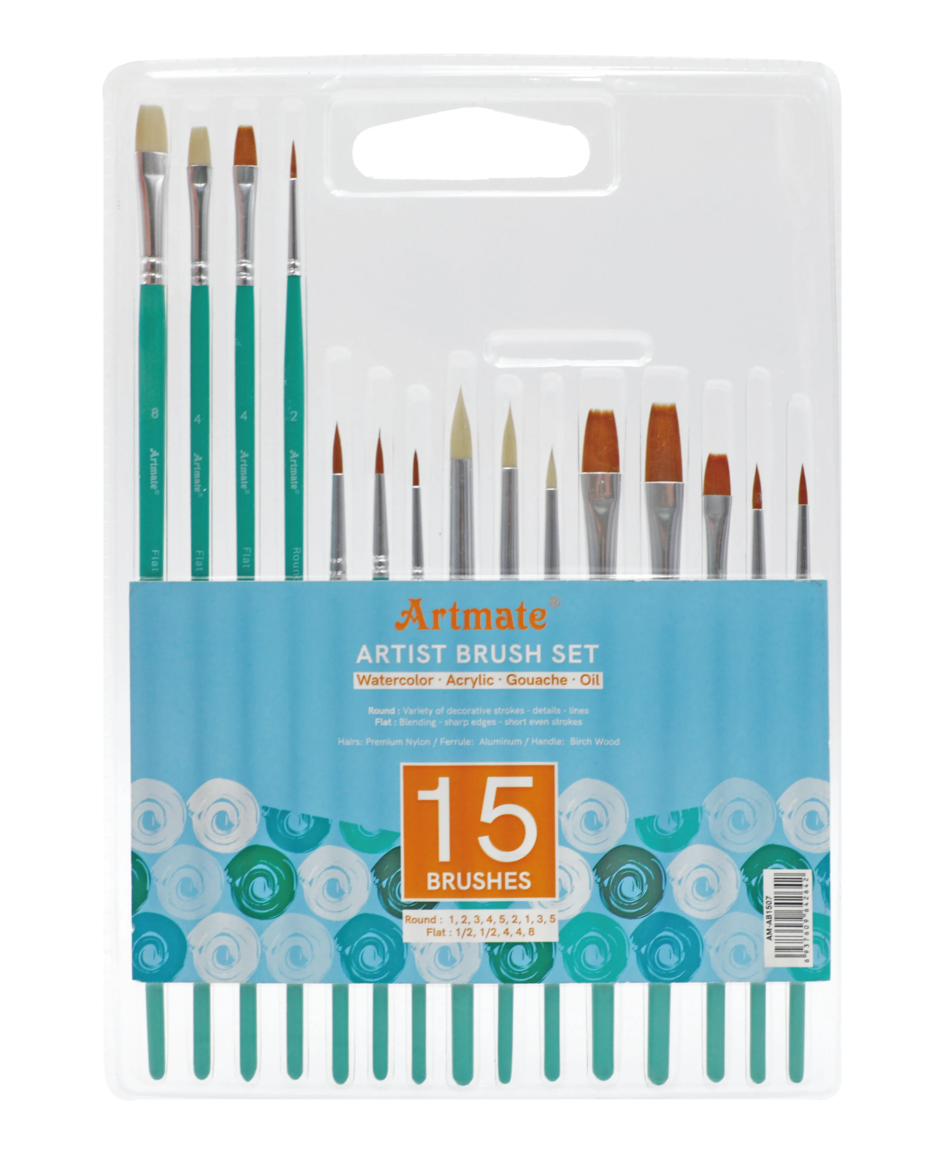 Artmate Art Paint Brushes Set 15pcs for Acrylic Watercolor Oil Gouache Painting,Painting Brush Set,Paint Brush