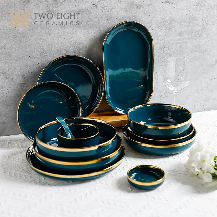 High Quality Gold Inlay Green Dinner Plate Porcelain Nordic Restaurant Salad Bowls Ceramic Luxury Ceramique Vaisselle Colore