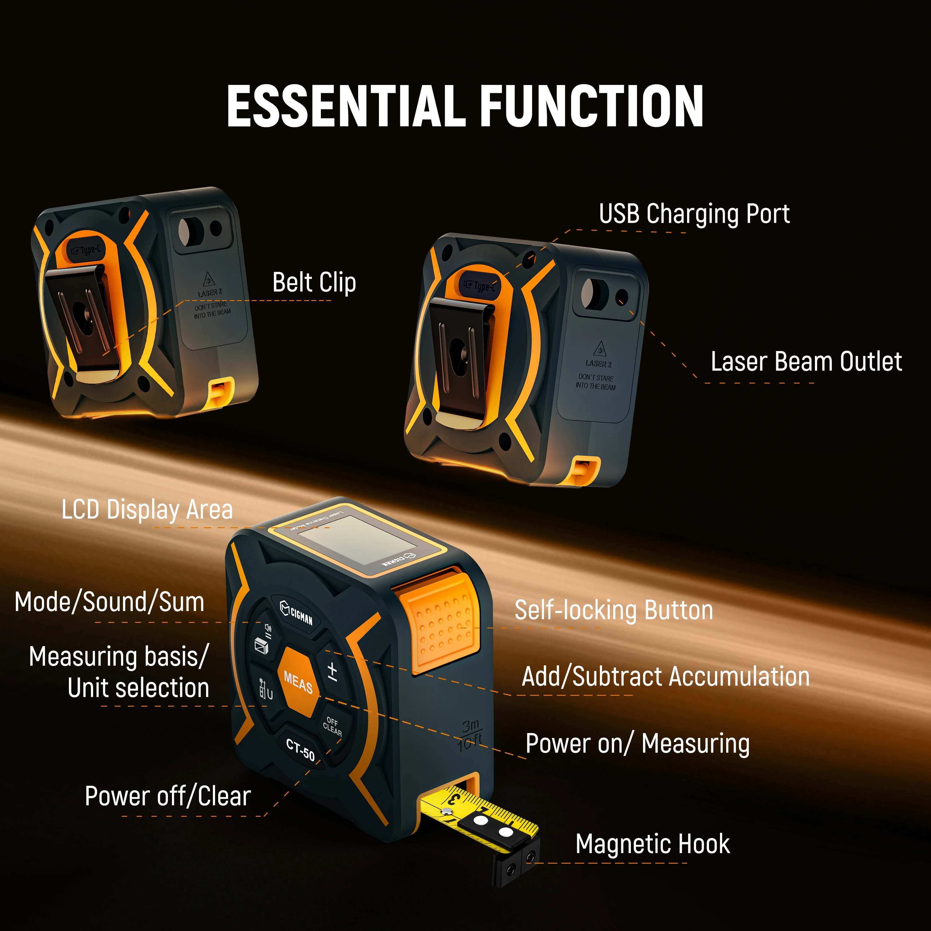 CIGMAN CT-50 Laser Distance Meter 50m Distance Meter Laser Digital Tape Measure Tool
