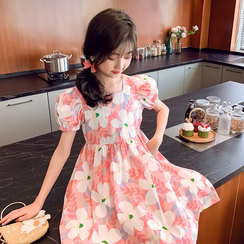 2022 Summer New Design Kids Girls Dress 4-9 Year old Short Sleeve Girl Dress with Free Flower Bag