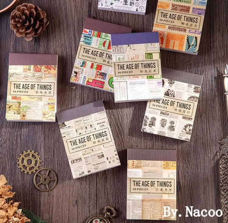 50 pages self-adhesive pocket stickers book with old newspaper retro plant washi stickers