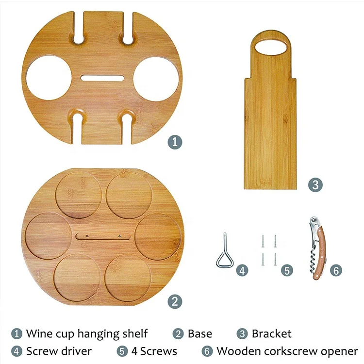 
Wine Bottle Holder Glass Cup Rack With Handle - Wine Organizer Bamboo Stand Countertop Tabletop Display 