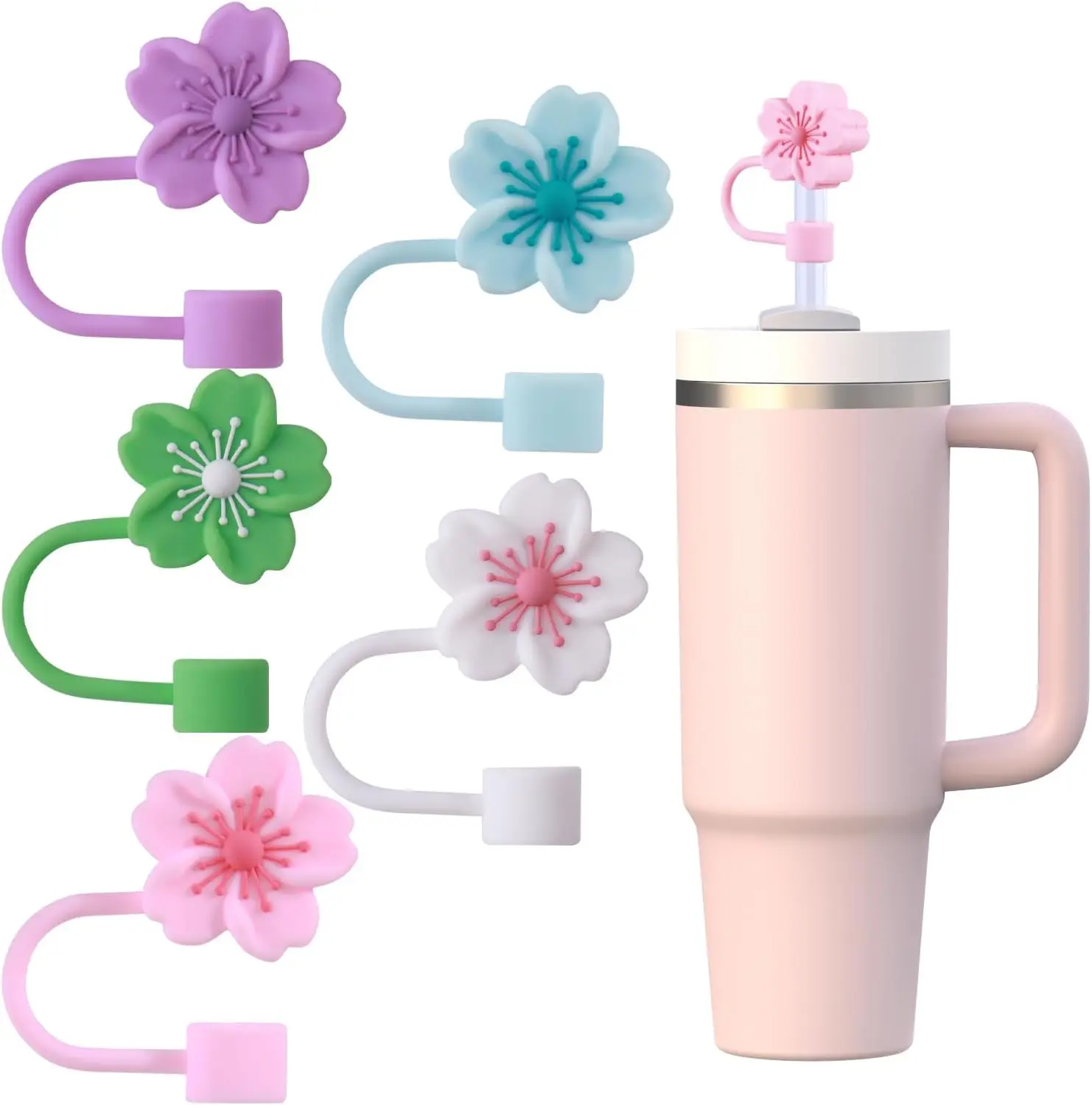 Cherry Blossom Straw Covers Cap for 30-40 oz Cup, Straw Toppers for Tumblers with handle 10mm 0.4in Dust-Proof Straw Protectors