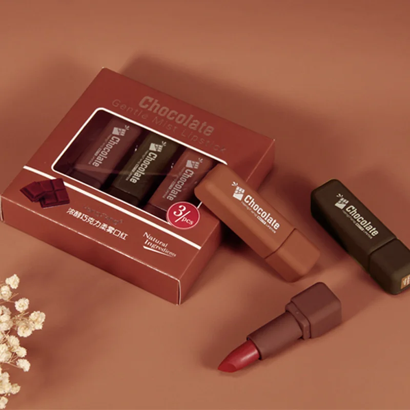 Натуральные ингредиенты богатый нежный шоколадный матовый 3 вида цветов Подарочная коробка губная помада матовая губная помада набор