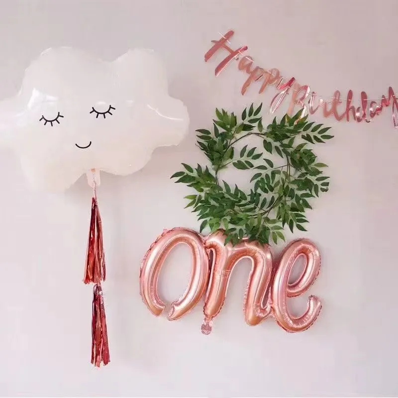 
smile face white cloud balloon with tassel ONE foil balloon happy birthday banner forest theme party baby 1st birthday balloons 