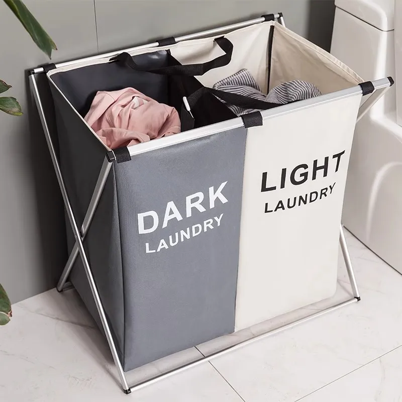 Foldable X Shape Dirty Laundry Basket Organizer 3 Grids Waterproof Cloth Storage Bag With Shelf