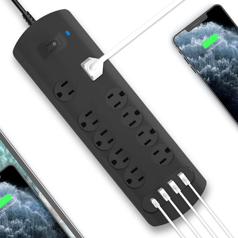 USA Standard 10 Outlets Electrical Multiplug Extension Lead Extension Board Plug Socket Surge Protector 4 Port USB Power Strip