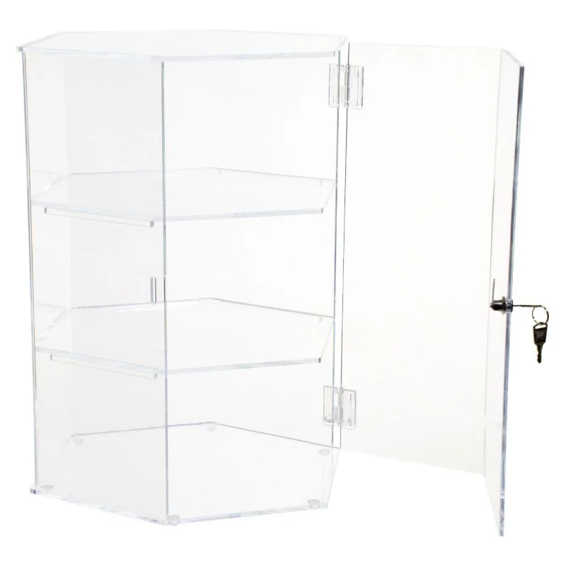 Hexagonal 2 Shelves Locking Rotating Base Watch Ring Glass Acrylic Counter Display Box Case