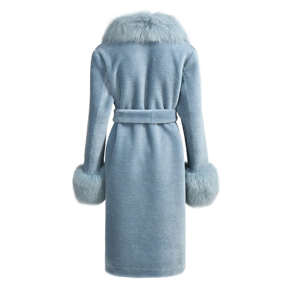 Women Winter Thick Warm Long Khaki Lamb Fur Skin Double Face Leather Coat Customize Long Shearling Coat Women