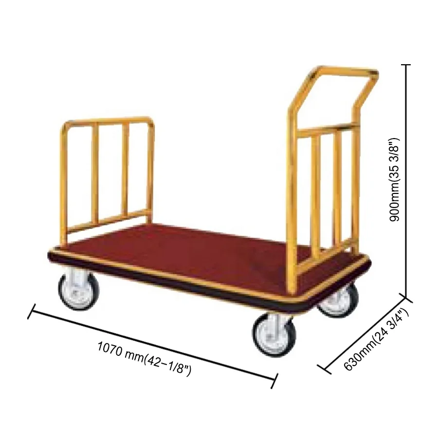 C014 Hotel Platform Stainless Steel Lobby Luggage Bellman Trolley Golden Baggage Hand Truck Cart with Red Carpet
